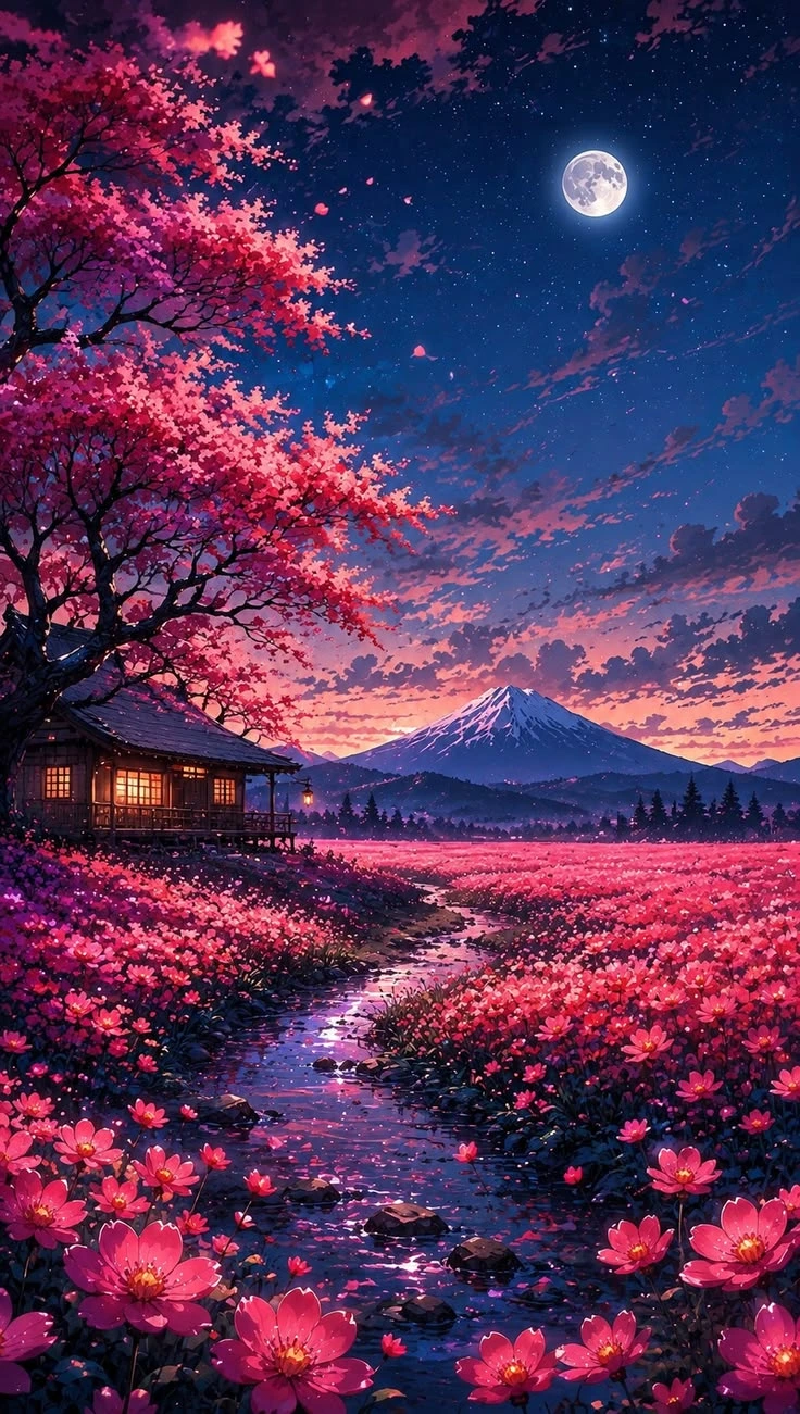 Cherry Blossom Night Landscape with Mount Fuji