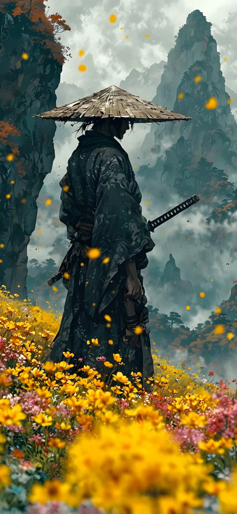 Samurai in a Field of Yellow Flowers