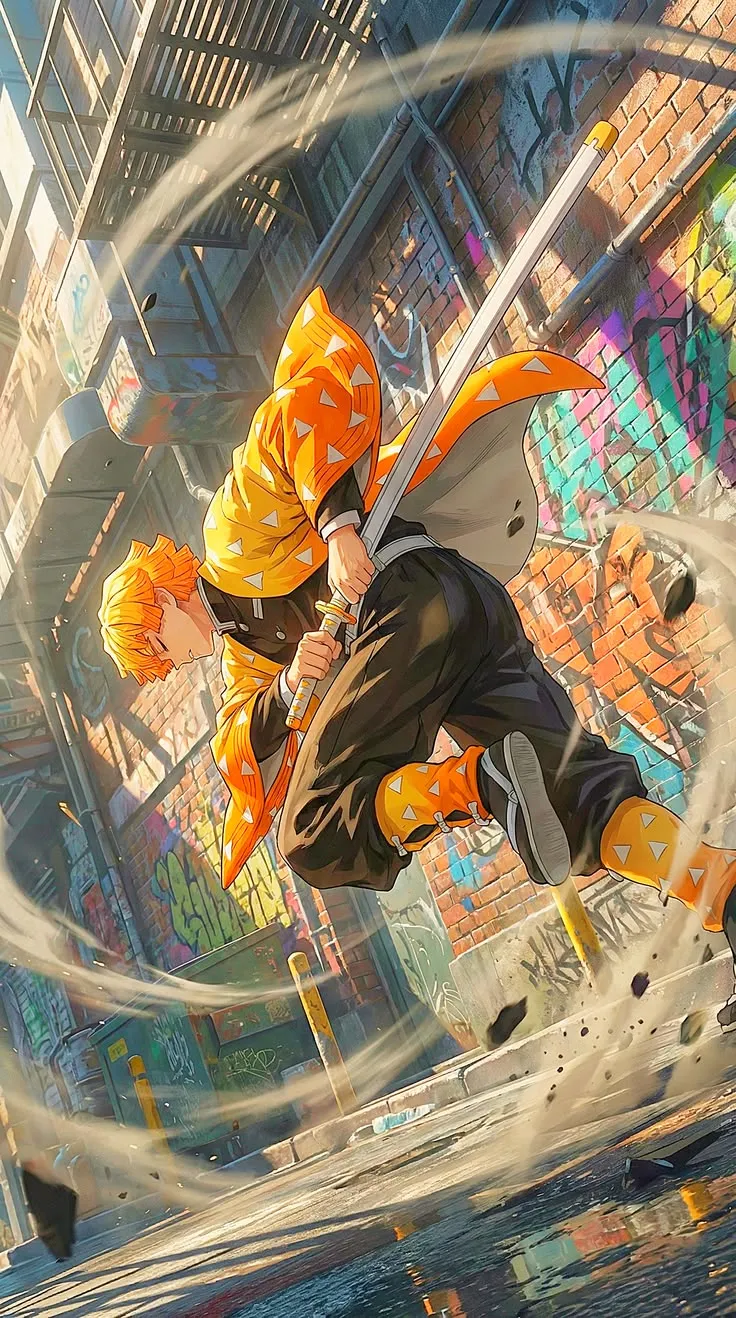 Zenitsu Agatsuma Urban Street Rush HD Anime Wallpaper